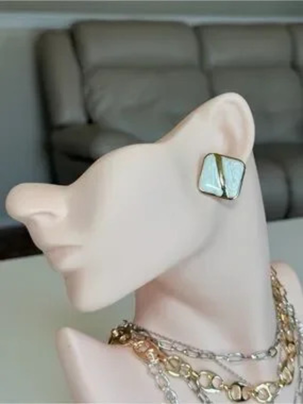 Gold-Trim White Marbled Rectangle Stud Earrings